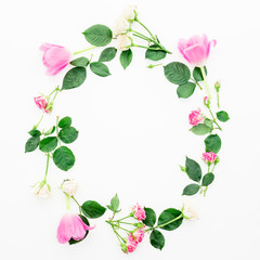 Floral frame, flowers, branches and leaves isolated on white background. Flat lay, Top view