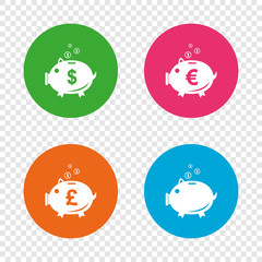 Piggy bank icons. Dollar, Euro, Pound moneybox.
