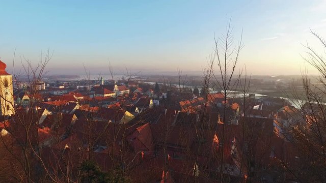 4K. Panoramic view from the Castle on the old city Ptuj in Slovenia. Sunset time.