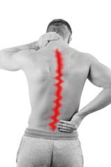 Man with back pain over white background