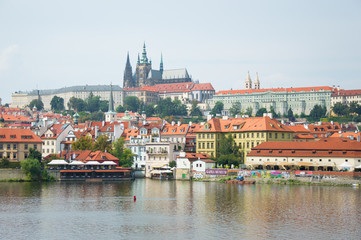 Fototapeta na wymiar Czech Republic, Prague, Prague Castle view from the shore from the Charles Bridge