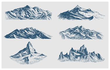 big set of mountains peaks, vintage, old looking hand drawn, sketch or engraved style, different versions for hiking, climbing. © artbalitskiy