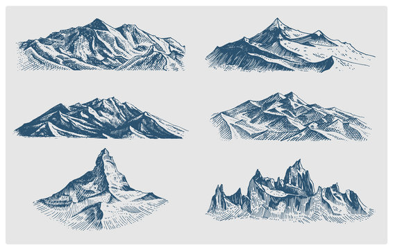 big set of mountains peaks, vintage, old looking hand drawn, sketch or engraved style, different versions for hiking, climbing.