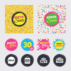 Sale speech bubble icons. Buy cart symbol.