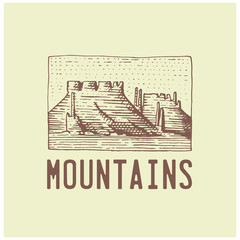 engraved vintage logo with mountains in hand drawn, sketch style, old looking retro badge for national parks and camping, alpine and hiking theme