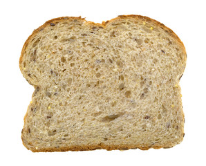 Single slice of nine grain bread isolated on a white background.