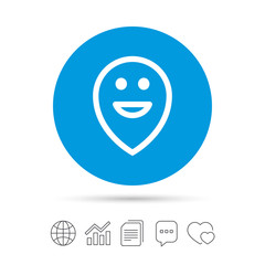 Happy face map pointer symbol. Smile icon.
