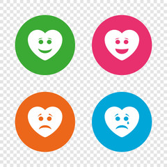 Heart smile face icons. Happy, sad, cry.
