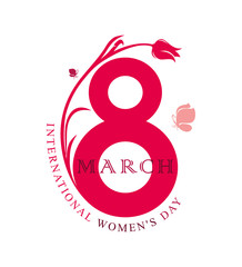 March 8. Happy Women's Day. Flat simple symbol Eight with flower and butterfly. 