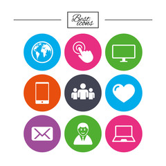 Web, mobile devices icons. Share, mail signs.