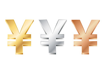 vector illustration of yen sign in gold, silver and bronze