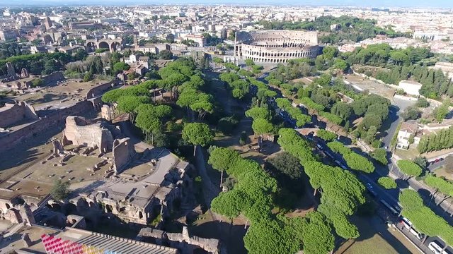 Aerial bird view Italy Rome flying over Domus Severiana moving slowly backwards extension to imperial palaces Palatine Hill in Roma popular tourist attraction in large and beautiful city center 4k