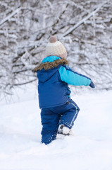 Fototapeta na wymiar Little boy in winter clothing walking in snow, view from the back