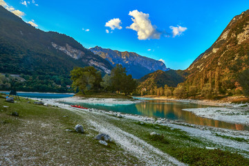 Lake Tenno with mountain reflection in water.Trento,Italy, Europa. Turquoise lake in the mountains