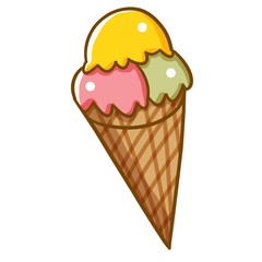 Cute and funny pink yellow green ice cream cone - vector.