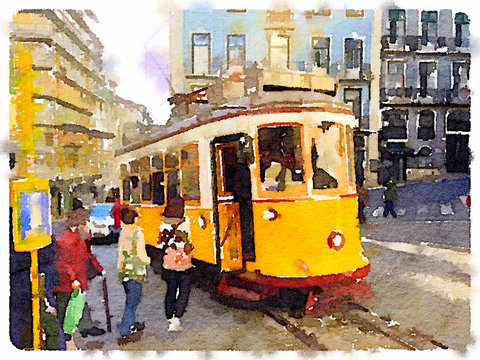 Digital watercolor painting of a traditional vintage yellow tram in Lisbon, Portugal, at a stop with passengers getting on the tram. 