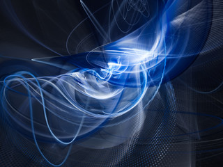 Abstract background element. Fractal graphics series. Three-dimensional composition of glowing lines and halftone effects. Information and energy concept. Blue and black colors.