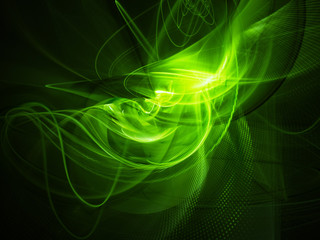 Abstract background element. Fractal graphics series. Three-dimensional composition of glowing lines and halftone effects. Bio energy concept.Green and black colors.