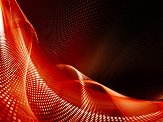 Abstract background element. Fractal graphics series. Three-dimensional composition of glowing lines and halftone effects. Information and energy concept. Red and black colors.