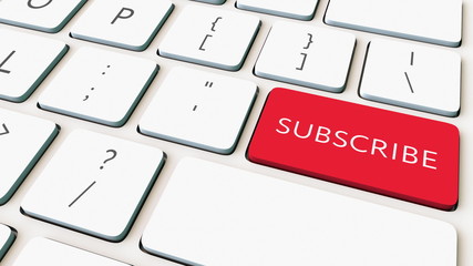 White computer keyboard and red subscribe key. Conceptual 3D rendering