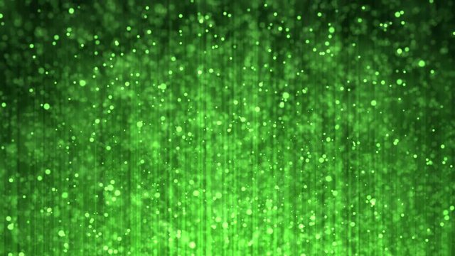 Festive volume light rays with glitter particles bokeh looped animated abstract cg motion green background. Computer generated magical shining beams