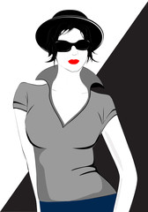Fashion woman model with a black hat and sunglasses - vector illustration. Portrait of young girl. Pose.
