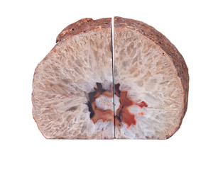 Light brown natural crystal agate geode bookend polished on isolated on white background