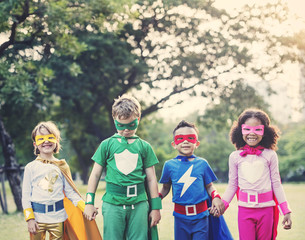 Superheroes Cheerful Kids Expressing Positivity Concept