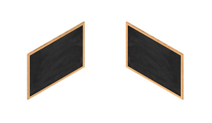 3d rendering of a framed black chalkboard in double-sided isometric view.