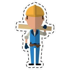 cartoon man construction wooden board and tool belt vector illustration