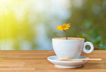 The yellow flower in a cup of coffee on wood table with light an