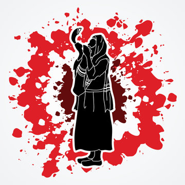 person blowing shofar red splatter background clip art preview
