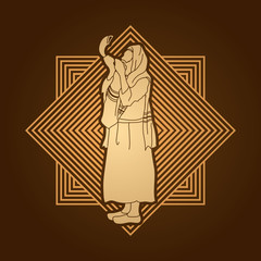 Jew blowing the shofar side view designed on line square background graphic vector.