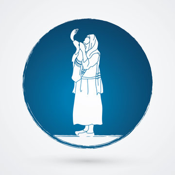 blowing shofar person blue circle clip art preview
