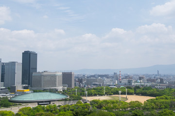 Aerial view of Osaka from Osaka Castle, Japan