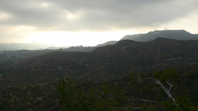 cloudy sunset light famous los angeles hollywood hills panorama 4k usa
