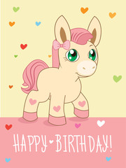 Happy Birthday Card. Cute Girl Greeting Card. Cartoon Animals Vector. Lovely Horse Pony. Cartoon Animal Vector. Pony Girl. Beautiful Pony.