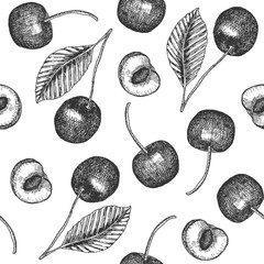 Seamless pattern design or background with cherry. Hand drawn illustration by ink and pen sketch set. Design for fruit and vegetable products and health care goods.