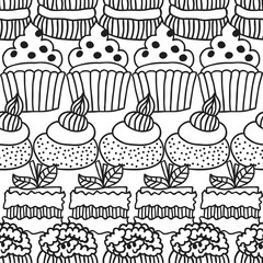 Black and white seamless pattern with cakes for coloring books.