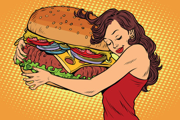 Beautiful young woman hugging Burger - obrazy, fototapety, plakaty
