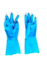 Blue plastic gloves on white background.
