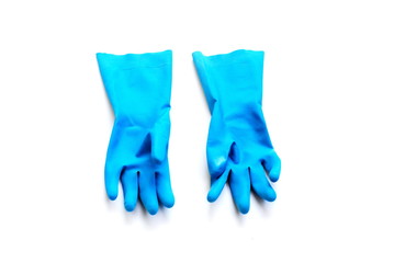 Blue plastic gloves on white background.
