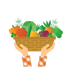 Hands in checkered shirt holding wicker farmer basket with vegetables. Fruits of fields, gardens, harvesting, natural products. Flat vector cartoon illustration. Objects isolated on white background.