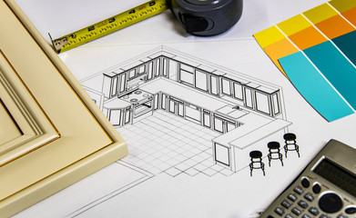 Kitchen design on architects desk with material selection of door