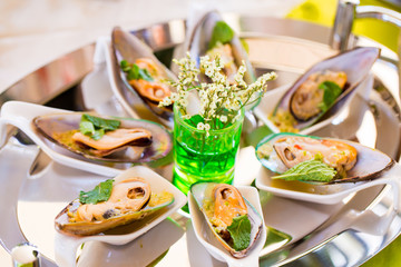 Steamed sea mussels. Large blue mussels on  plate