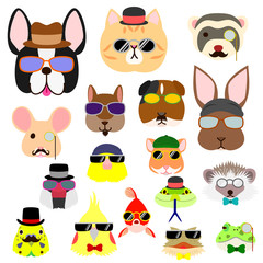 hipster pet animals faces set