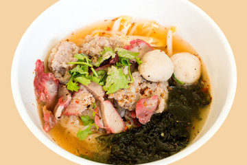 Red pork noodles with flavouring closeup