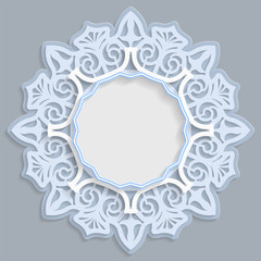 3D round frame for a photo or picture, vignette with ornaments, lace border,  bas-relief ornament,  openwork  pattern, template greetings, vector