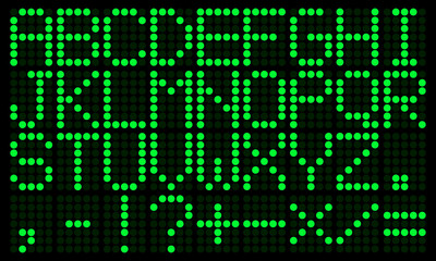 Green electronic digital english alphabet. Punctuation and mathematical signs. Digital scoreboard mockup. Vector illustration