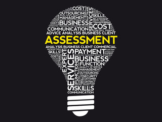 Assessment bulb word cloud, business concept